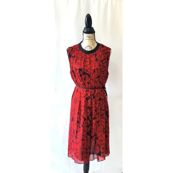S.I.L.K Sleeveless Floral Dress 100% Silk Pleated Red & Black Sz L Chiffon - Picture 7 of 7